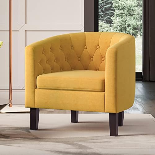 BELLEZE Yellow Accent Chairs for Living Room, Set of 2 Elegant Arm Chairs, Upholstered Tufted Barrel Chairs Club Chairs for Bedroom with Sturdy Legs and Linen Fabric - Berlinda (Yellow)