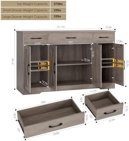 HOSTACK Kitchen Buffet Sideboard Storage Cabinet, Coffee Bar Cabinet, Grey