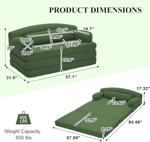 57” Convertible Sleeper Sofa Bed, Boneless Couch, Green