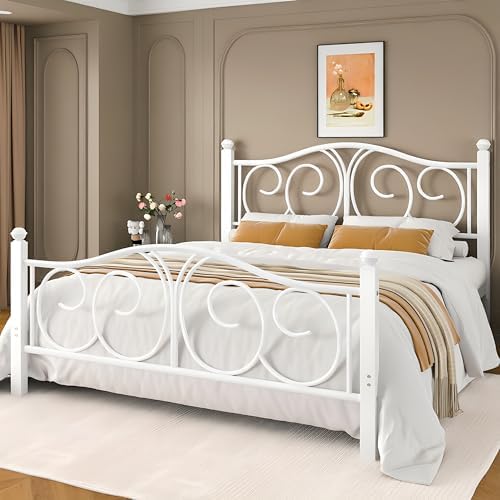 VECELO Queen Size Metal Platform Bed Frame with headboard and Footboard, Heavy Duty Mattress Foundation, Steel Slat Support, No Box Spring Needed, Easy Assembly, Pure White