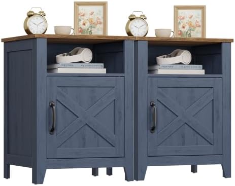 VASAGLE Farmhouse Nightstand, Set of 2, Barn Door, with Storage