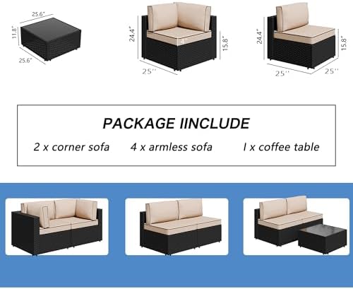 Shintenchi 7 Piece Outdoor Patio Furniture Set with Black PE Rattan, Khaki