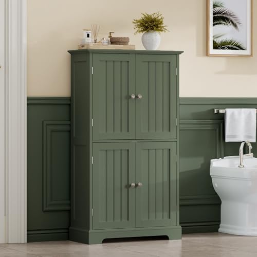 ChooChoo Bathroom Floor Cabinet with Adjustable Shelves | Bathroom Storage Cabinet, 4 Doors, Freestanding Cupboard for Living Room, Green