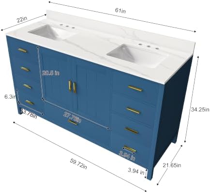 Montary 60" Bathroom Vanity with 2 Sinks & 61" Carrara Quartz Top | with 6 Pre-Drilled Faucet Holes, Solid Wood Cabinet, Soft-Close Double Doors & 9 Smooth-Glide Drawers,Blue