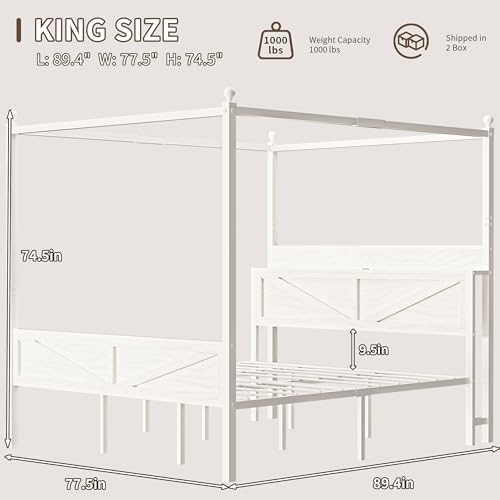 Canopy Bed Frame King Size with Barn Storage Headboard, Beige