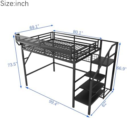 KEIKI Queen Size Metal Loft Bed Frame with Grid & Staircase & Built-in Storage Shelves & Wardrobe, Loft Bed with Solid Slats & Guardrail, No Box Spring Required, Easy Assembly, for Bedroom, Black