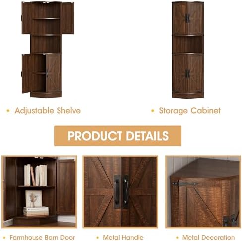 Vabches 64.8" Tall Farmhouse Corner Cabinet with 4 Doors and 5 Storage Shelves, Farmhouse Storage Cabinet with Barn Door Design, Home Space Saver for Living Room, Kitchen, Laundry Room,Brown