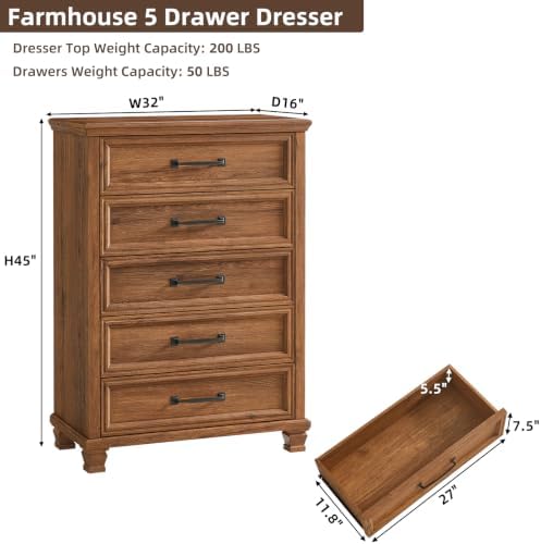 SAVOR LIFE Farmhouse 5 Drawer Dresser for Bedroom, Brown