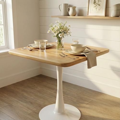 24" Square Small Dining Table for 2, Tulip Bistro Table with White Metal Pedestal Base, Modern Mid-Century Compact Kitchen Dining Piece for Home, Café, Restaurant, or Office