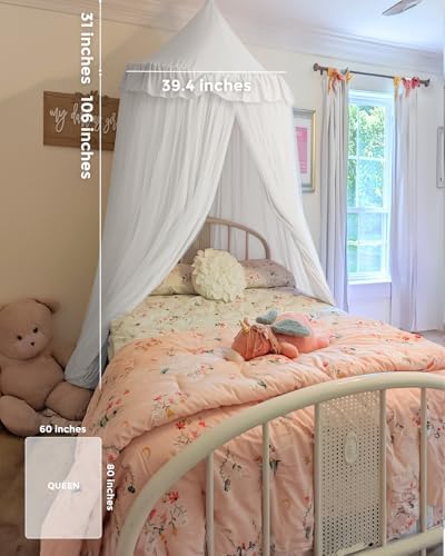 Large Bed Canopy with Star Lights, Double Layer Canopy for Bed, Princess Play Tent for Girls Room, Breathable Canopy Bed Curtain for Children Reading Nook, Machine Washable Canopy, 40''x106'', White