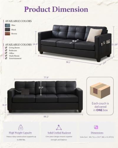 88'' Black Faux Leather Couch w/ Charging, 3 Seater Living Room Office Sofa