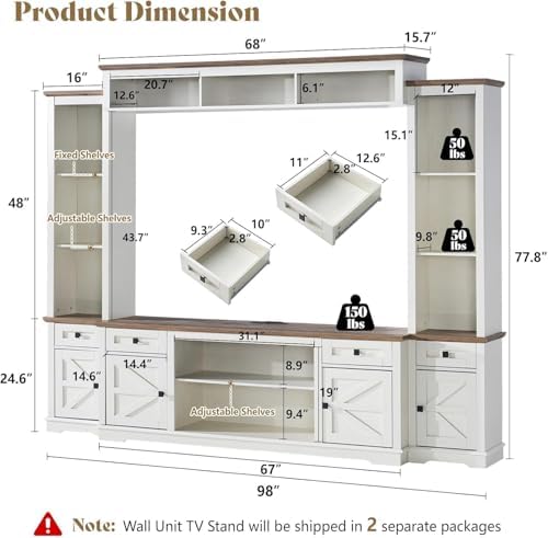 AMERLIFE 4 Pieces Living Room Table Sets, 98" Farmhouse Wall Unit TV Stand with Bookshelves & Wine Cabinet, Coffee Table & 2 End Tables with Charging Station and USB Ports, Living Room, Barnwood+White