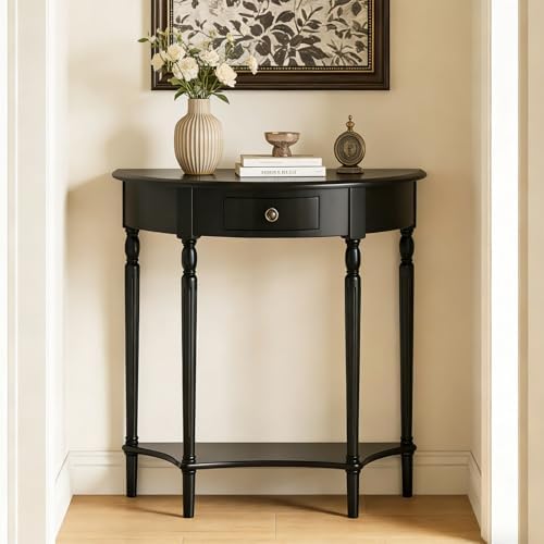 Half Moon Console Table Solid Wood Vintage Entryway Table with Storage Drawer Small Hallway Table for Entryway Half Round Foyer Tables Walnut Entry Way Tables For Entrance(Black, W-39.4")