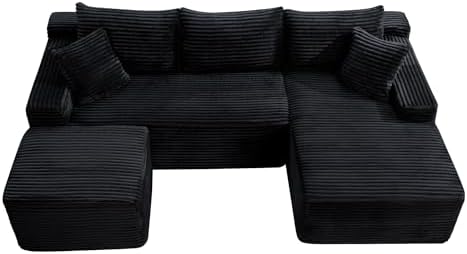 95-Inch U-Shaped Right Facing Corner Compressed Sofa Modular Sectional Boneless Cloud Sofa Floor Foam Couch W/Chaise Lounge & Ottoman, Corduroy Corner Boneless Cloud Couch