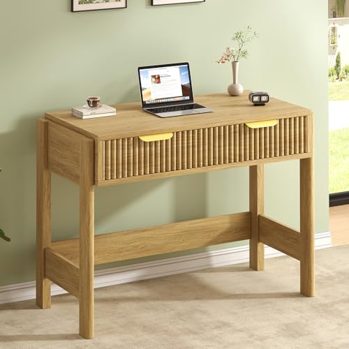 34 Inch Small Fluted Computer Desk with Drawer for Bedroom, Home Office