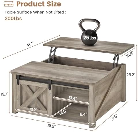 SEDETA 31.5" Lift Top Coffee Table with Storage, Square Coffee Tables for Living Room, Farmhouse Coffee Table with Large Hidden Storage Compartment and Adjustable Shelves, Grey