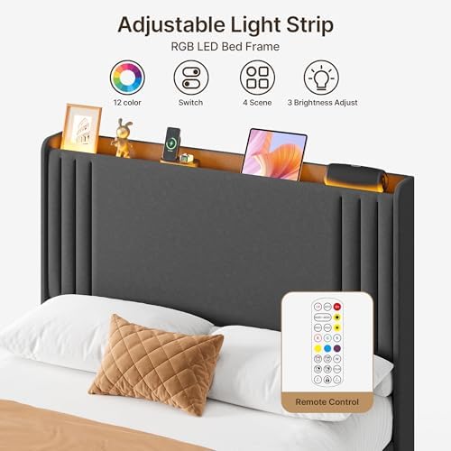 Gizoon Full Bed Frame with Charging Station and LED Lights