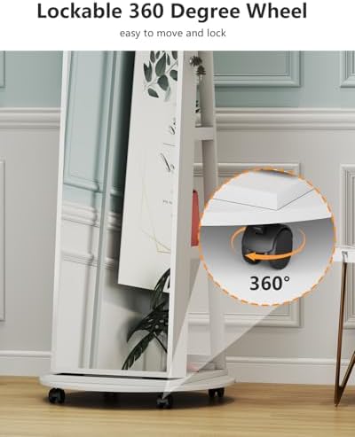 Full Length Mirror with Jewelry Storage, 360° Rotating Jewelry Armoire Organizer with Lights, Lockable Mirror Jewelry Cabinet Standing, Jewelry Mirror Cabinet for Gifts (White)