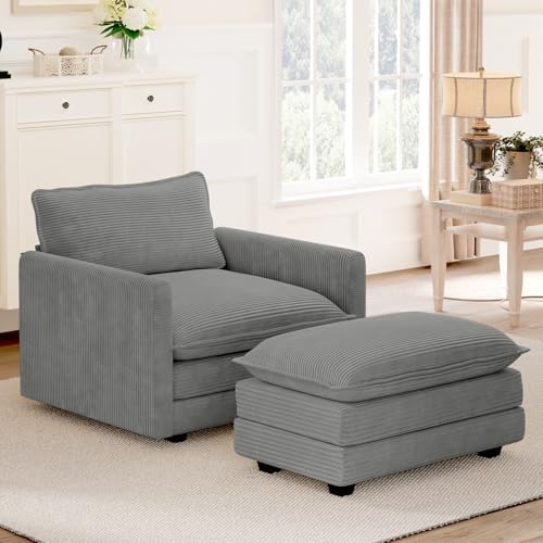 ROWHY 41'' Single Armchair with Ottoman, Modern Corduroy Cloud Couch with Convertible Chaise, Upholstered Sofa Set for Living Room, Dark Grey