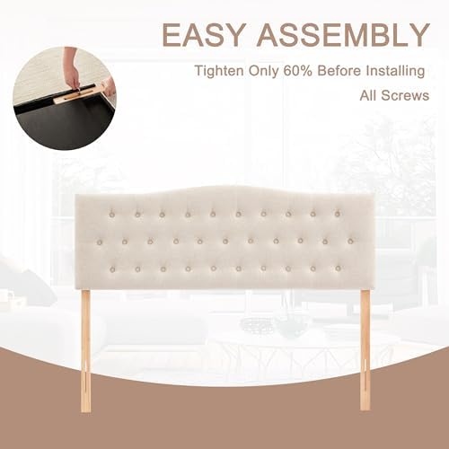 Tufted Headboard King Size, Solid Wood Adjustable Height Head Board, Beige
