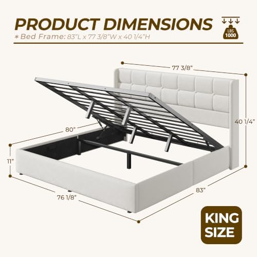 HISOFT King Size Lift Up Storage Bed Frame, Velvet Upholstered Platform Bed with Wingback Headboard, Heavy Duty Hydraulic Gas Lift Underbed Space, Reinforced Full Metal Slats, Noise Free, Light Beige