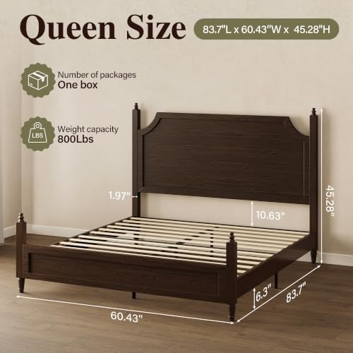Belffin Wood Queen Size Bed Frame with Vintage Curved Headboard, Walnut