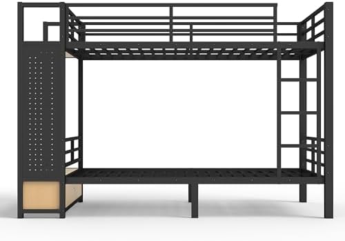 Bellemave Twin XL Over Twin XL Size Metal Bunk Bed with Storage Shelves and Drawers, Heavy Duty Bunk Beds with Clothes Hooks for Adults, Teens, Kids, Black