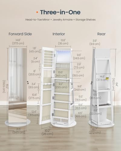 SONGMICS HOME Standing Jewelry Armoire, Full Length Mirror with Storage | Lockable Jewelry Cabinet with 6 LED Lights, Floor Mirror, Built-in Vanity, White Surface, Black Lining UJJC007W02SH