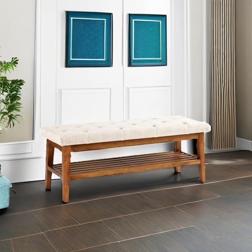 HUIMO Upholstered Entryway Shoe Bench, Button Tufted End of Bed Bench,Beige