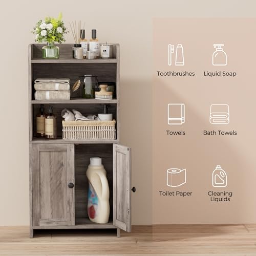 Homhedy Small Bathroom Storage Cabinet, Toilet Paper Storage Cabinet | Bathroom Floor Cabinet with Doors and Shelves, Bathroom Organizers for Small Spaces, 7.9" D x 14.6" W x 31" H, Greige