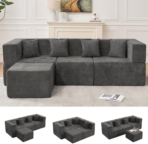 MONVANE 103'' Modular Sectional Sofa, Comfy Chenille Cloud Couch with Ottoman, Modern Convertible L Shaped Couch with Deep Seat, Sectional Couches for Living Room, No Assembly Required, Grey