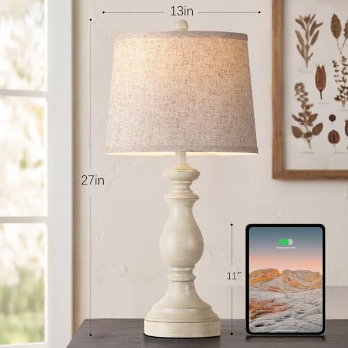 PARTPHONER Traditional Table Lamp Set of 2, Rustic Farmhouse Table Lamps for Living Room Bedroom, 27" Bedside Desk Lamps Vintage Nightstand Lamps with Linen Shades, Antique White