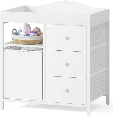 BOLUO White Changing Table with 3 Fabric Drawers and Laundry Hamper, Baby Dresser with Changing Table Top, Nursery Diaper Changing Station with Storage Modern