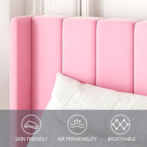 Gruwans Full Size Bed Frame with Upholstered Wingback Headboard, Easy Assemnly Platform Bed, Wooden Slat Support No Box Spring Needed, Pink