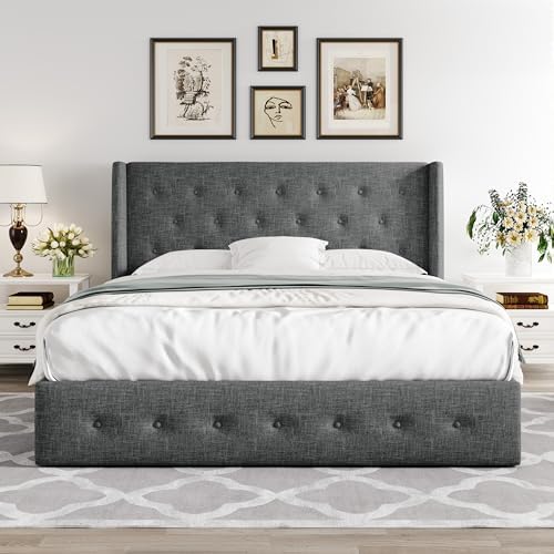 Allewie Queen Size Lift Up Storage Button-Tufted Bed Frame Dark Grey