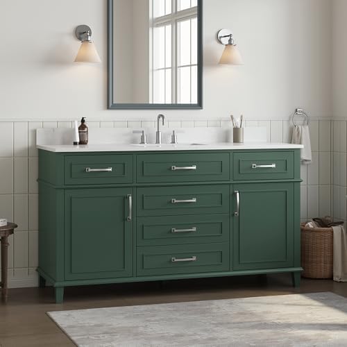 60 Inch Bathroom Vanity Single Sink, Solid Wood, Green | Pre Assembled Freestanding Bathroom Vanities with with 2 Soft Close Doors & 5 Dovetail Drawers, 0.78" Stone Top, Backsplash