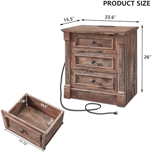 Aitjunz 26" Tall Nightstand w/Charging Station, 3 Drawers, Light Brown
