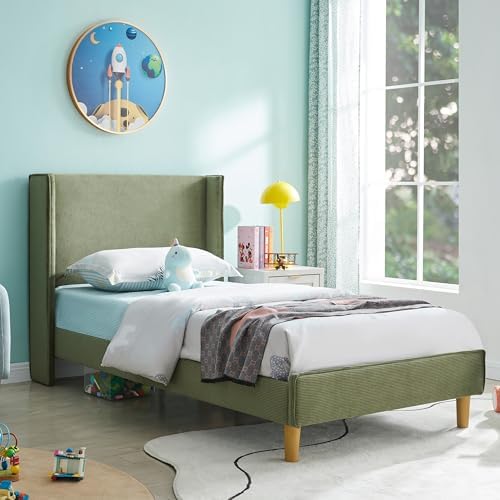 Twin Corduroy Upholstered Platform Bed with Headboard Wingback, Turtle