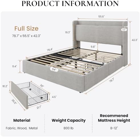 SHA CERLIN Full Size Storage Bed Frame with 4 Oversized Drawers, Modern Wingback Headboard with Storage Shelf & Charging Station, No Box Spring Needed, Easy Assembly, Light Beige
