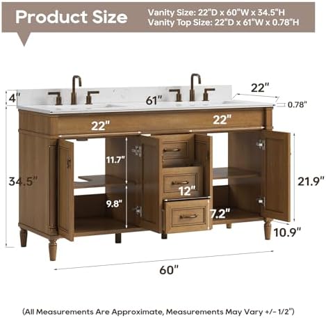 60 Inch Bathroom Vanity with Double Sink Combo, Light Walnut | Classic Cabinet with Countertop & Backsplash, Solid Wood Frame with Soft Closing Doors & 3 Dovetail Drawers, Ceramic Sink