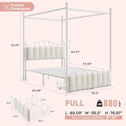 Homkdom Full Canopy Bed Frame with 2 Drawers & LED & Charging,White