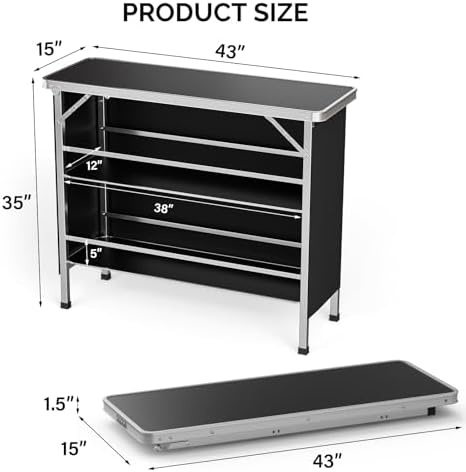 VINGLI 43" Portable Bar Table, 3-Tier Shelves, Mobile Bar Table for Events, Party, Camping, Picnic, Tradeshow, Indoor with Black Skirt (2, 43")