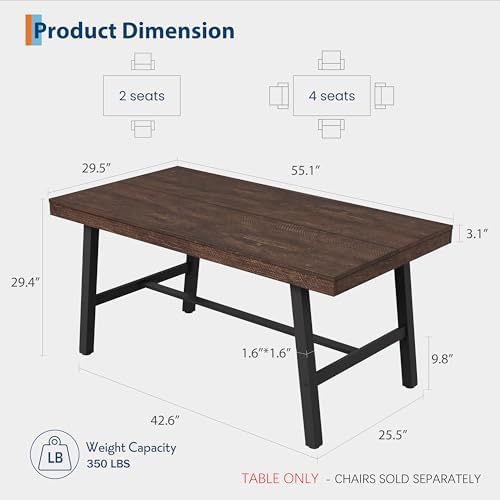 GarveeHome Industrial Dining Table for 2-4, 55" Heavy Duty Rectangular Kitchen Table with 2"×2" Metal Legs, Small Space Dining Table for Kitchen, Dining Room (Rustic Birch, 55" Non-extendable)