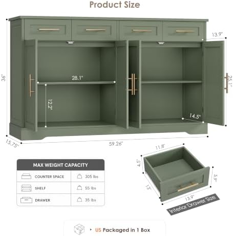 HOSTACK Sideboard Buffet Cabinet with Storage, Kitchen Cabinet, Green/Gold