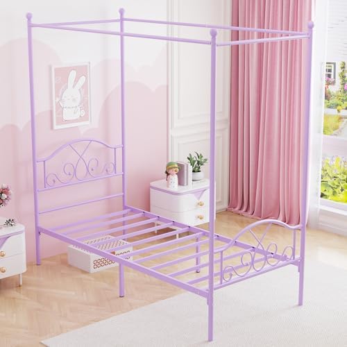 Twin Princess Canopy Bed Frame with 4 Posters, Twin Size Bed for Kids Girls