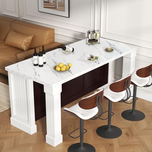 Gyfimoie 71" Large Imitation Marble Bar Table with Roman Column,36" Tall Island Table with Charging Station,Mordern Kitchen Island,Home Bar Unit for Home Kitchen, Living Room, Balcony, Basement