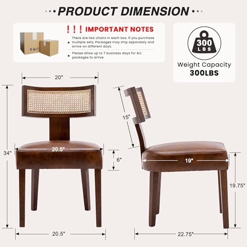 HNY Mid Century Modern Rattan Dining Chairs Set of 6, Farmhouse PU Leather Upholstered Accent Chair Curved Backrest Kitchen Chairs, with Hardwood Frame, Brown