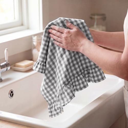 HunnmingRe 2 Pcs Gray Gingham Kitchen Towels Cotton Ruffled