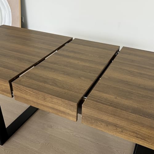 63" - 79" Extendable Dining Room Table, Expandable Kitchen Table for 6 to 10 People, Modern Wood Conference Table, Large Farmhouse Dining Table(Brown & Black, Double-U Base)