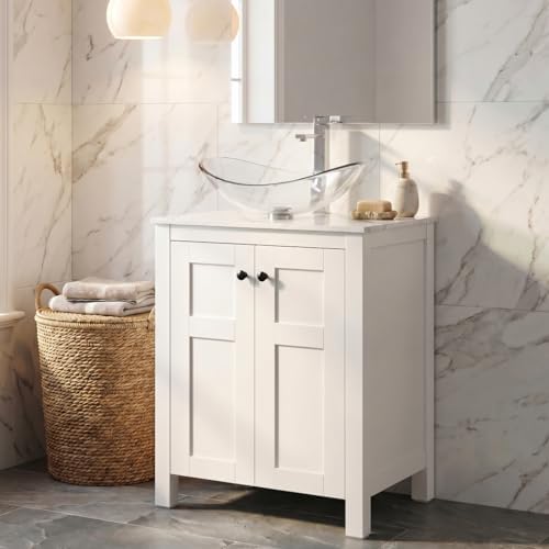 24 Inch White Bathroom Vanity with Marble Texture Top, Traditional Standing Pedestal Cabinet with Clear Boat Glass Sink